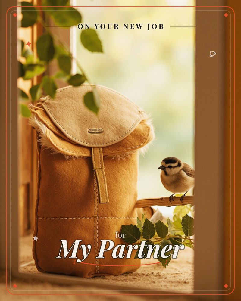 A small tan suede satchel with a fur-trimmed flap sits on a sunlit windowsill, its strap and stitching catching the warm light, a new job e-card design