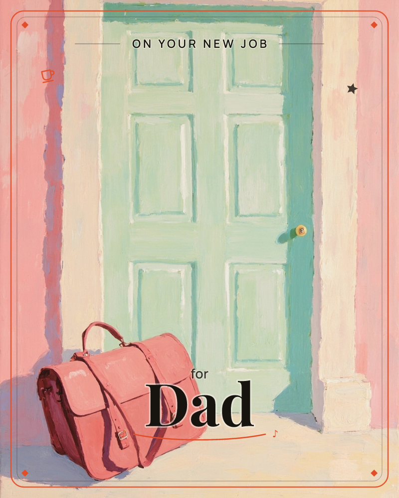 A painted mint-green paneled door sits within a pink doorway, sunlight raking across its surface and casting soft shadows, a new job e-card design