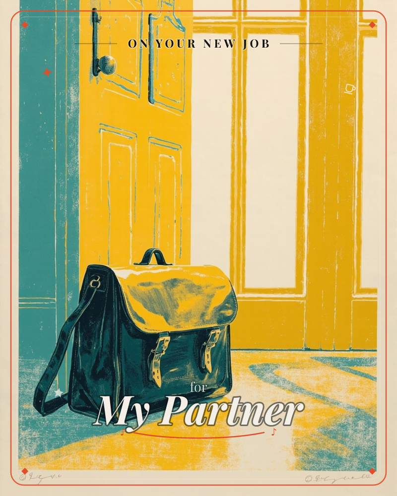 A leather satchel with buckled straps sits alone on the floor by a tall panelled door, the whole scene rendered in bold teal and mustard-yellow print…, a new job e-card design