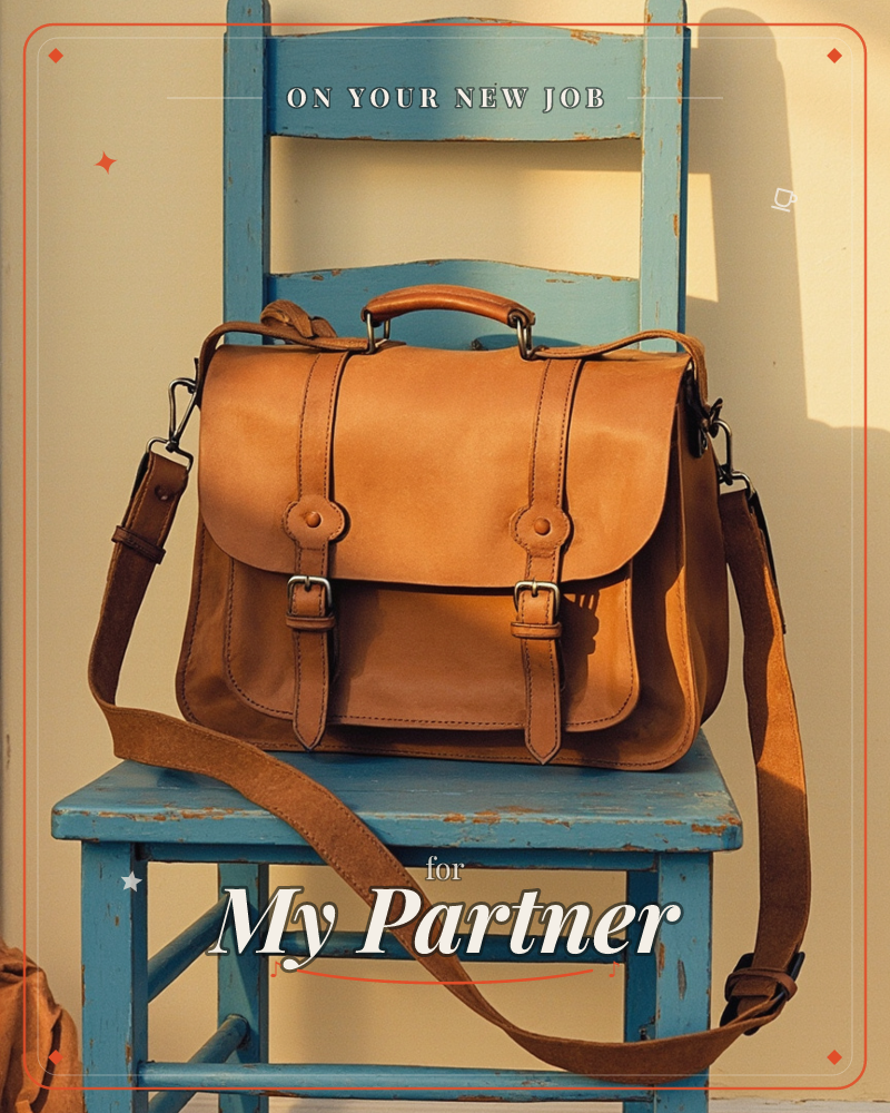 A weathered tan leather satchel with double buckle straps and a rolled top handle sits perched on a chipped, powder-blue wooden chair, a new job e-card design