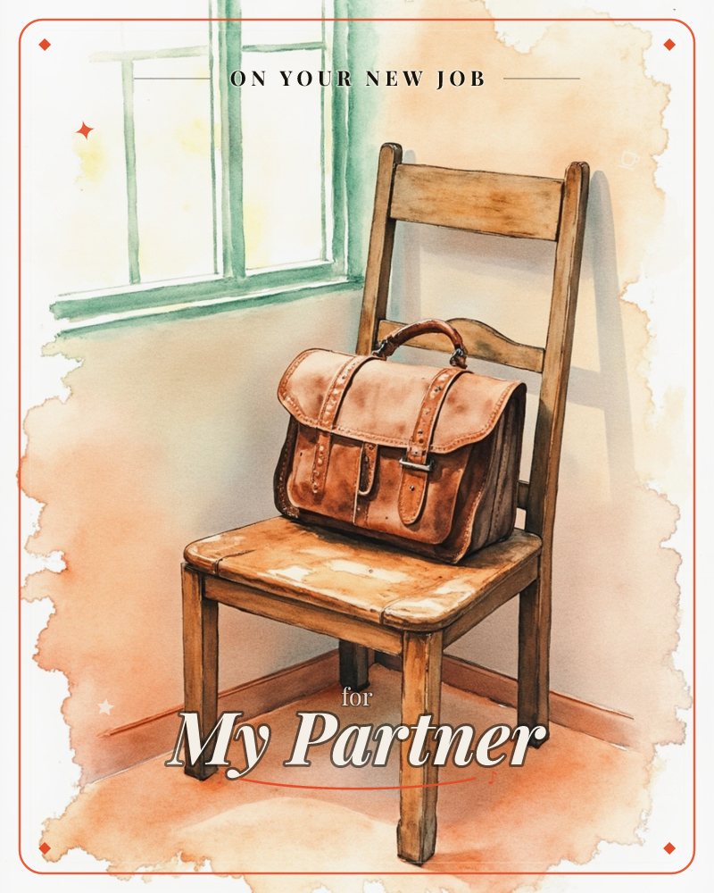 A worn leather satchel with a buckled flap and looped handle rests on a wooden chair, set beside a window with mint-green frames, a new job e-card design