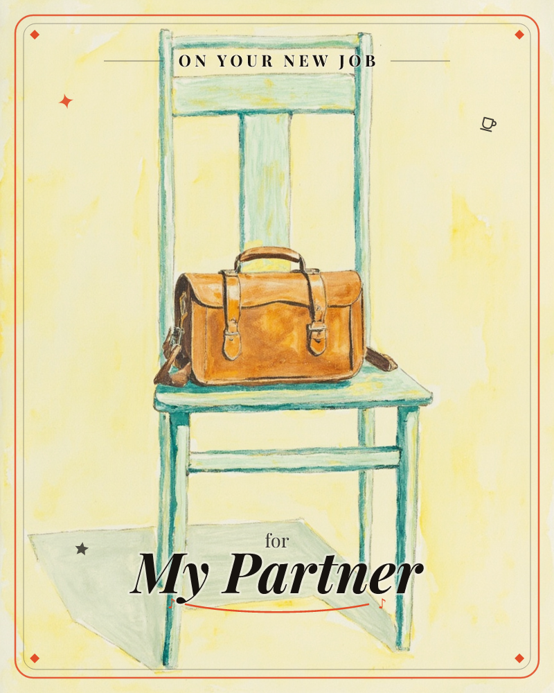 A tan leather satchel with buckled straps sits squarely on the seat of a painted mint-green wooden chair, a new job e-card design