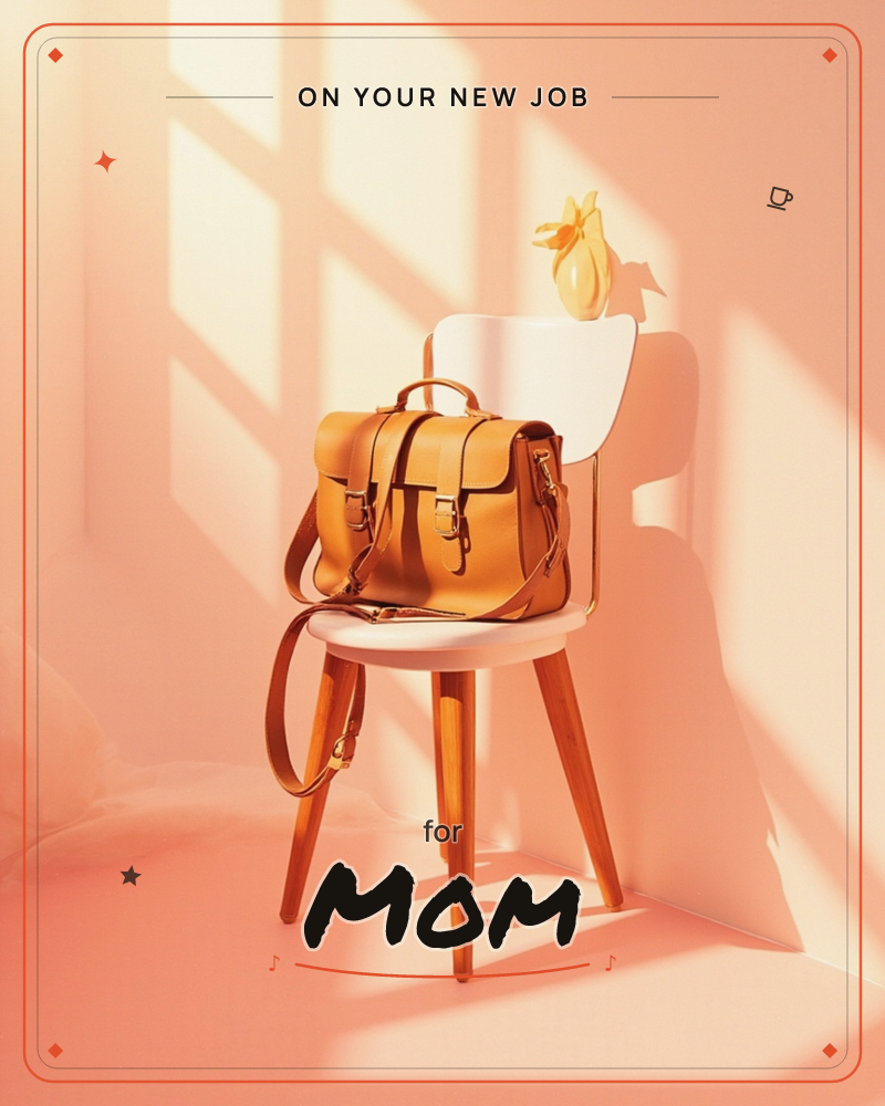 A tan leather satchel rests on a white wooden chair, its strap trailing loose over the seat's edge, with a single yellow flower perched on the chair back, a new job e-card design