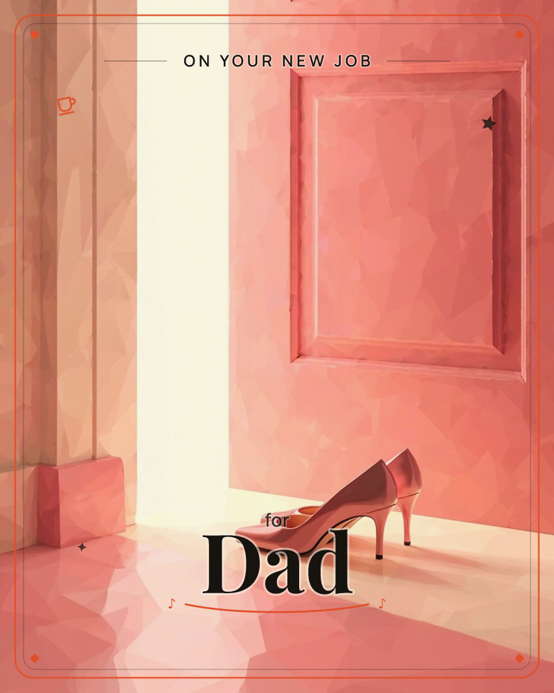 A pair of pink high-heeled shoes sits alone on a polished floor beside a glowing sliver of light cutting through a paneled wall, a new job e-card design