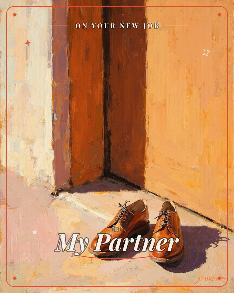A pair of worn brown leather lace-up shoes sits in a sunlit corner where two painted wooden walls meet the floor, a new job e-card design