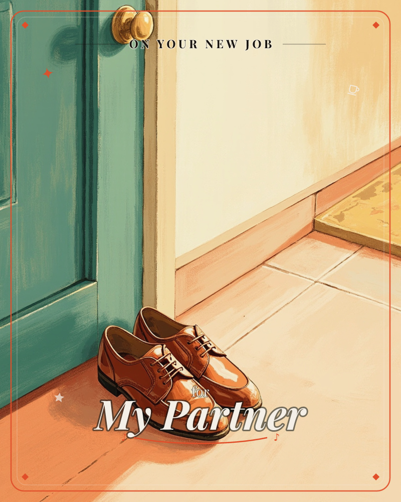 A pair of polished brown leather shoes sits by an open teal door, left neatly on warm terracotta floor tiles as sunlight spills in from the hallway beyond, a new job e-card design