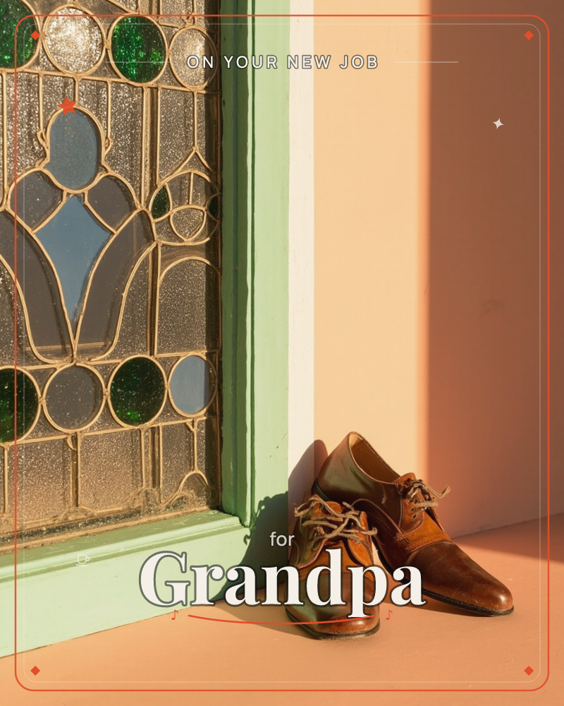 A pair of worn brown leather shoes with pale laces sits by a green-framed stained glass window, warm late-day sunlight streaming across the wall in a…, a new job e-card design