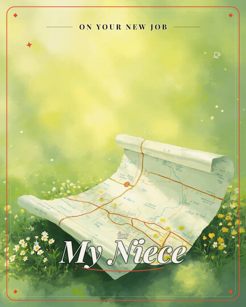An old rolled map lies unfurled across a meadow, its curling edges resting on grass scattered with tiny white and yellow wildflowers, a new job e-card design