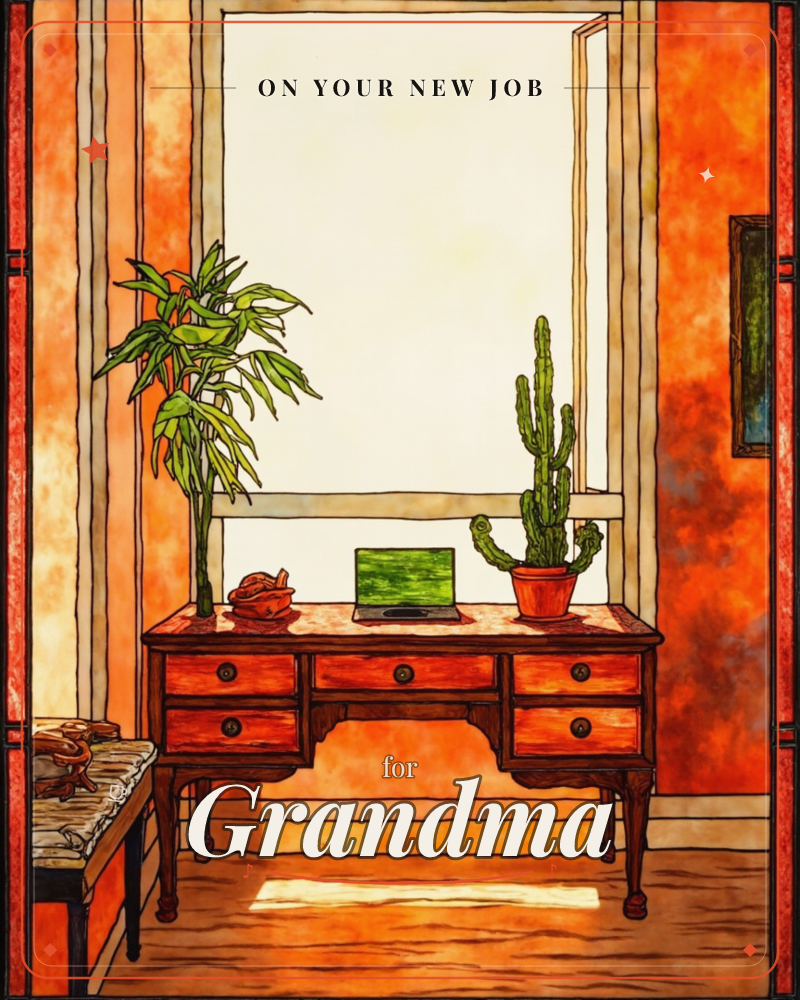 A warm, glowing interior shows a wooden console table set beneath a tall bright window, holding a leafy potted plant, a small green laptop, a dish of…, a new job e-card design