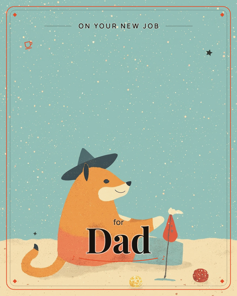 An orange dog wearing a floppy blue hat sits on a sandy stretch beneath a speckled teal sky full of tiny scattered stars, resting a paw on a small red…, a new job e-card design