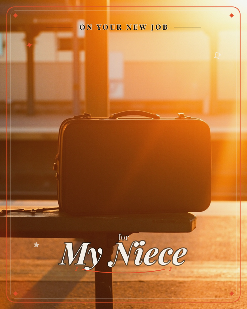 A vintage suitcase rests alone on a wooden platform bench as golden sunset light floods in low and sideways, silhouetting the empty train station…, a new job e-card design