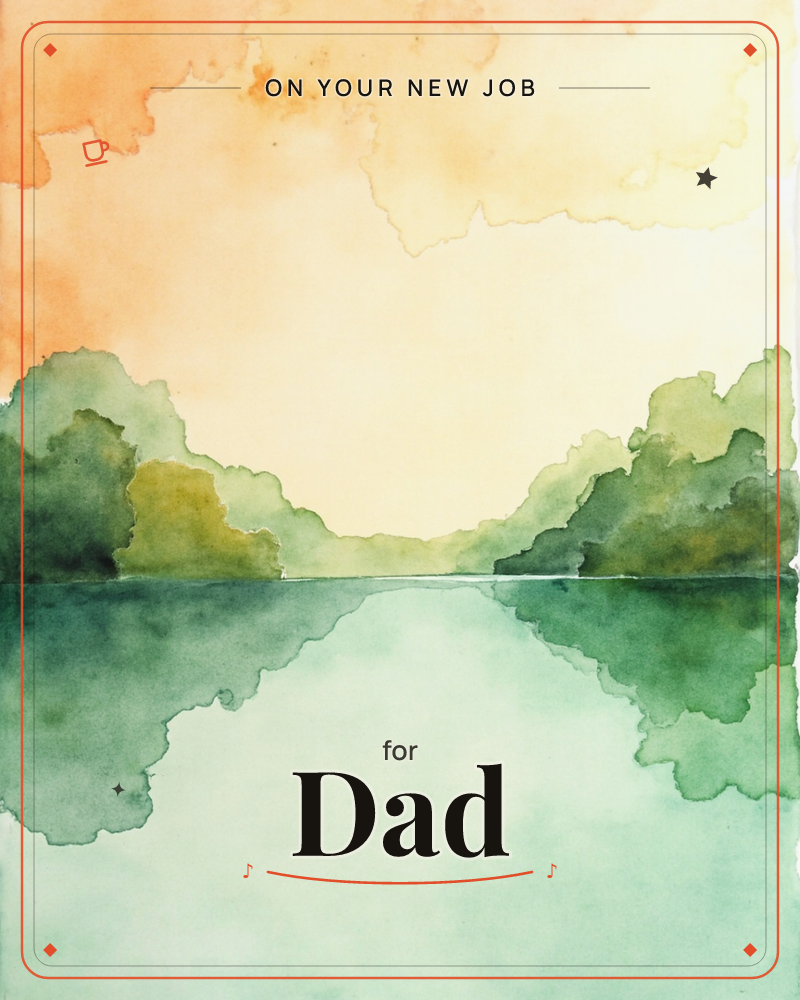 A watercolour landscape shows soft green hills parting to a pale gap of light, mirrored perfectly in a still lake below, a new job e-card design
