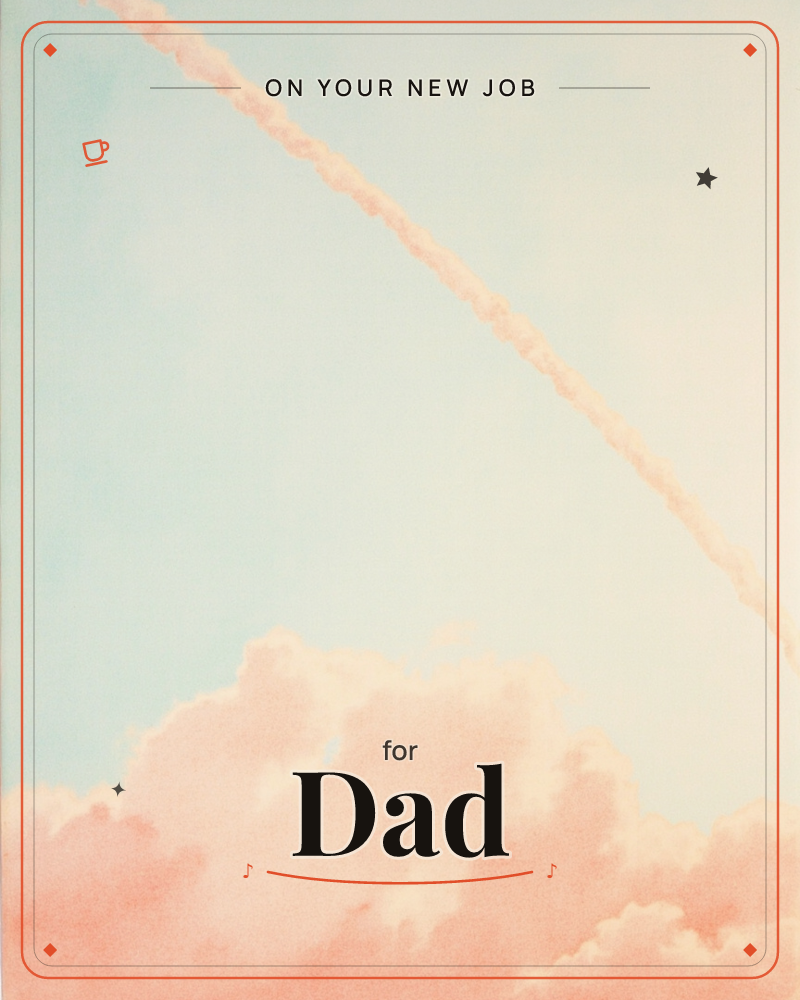 A pale sky is streaked with a single vapour trail arcing from top to bottom, above a bank of soft peach-tinted clouds, a new job e-card design