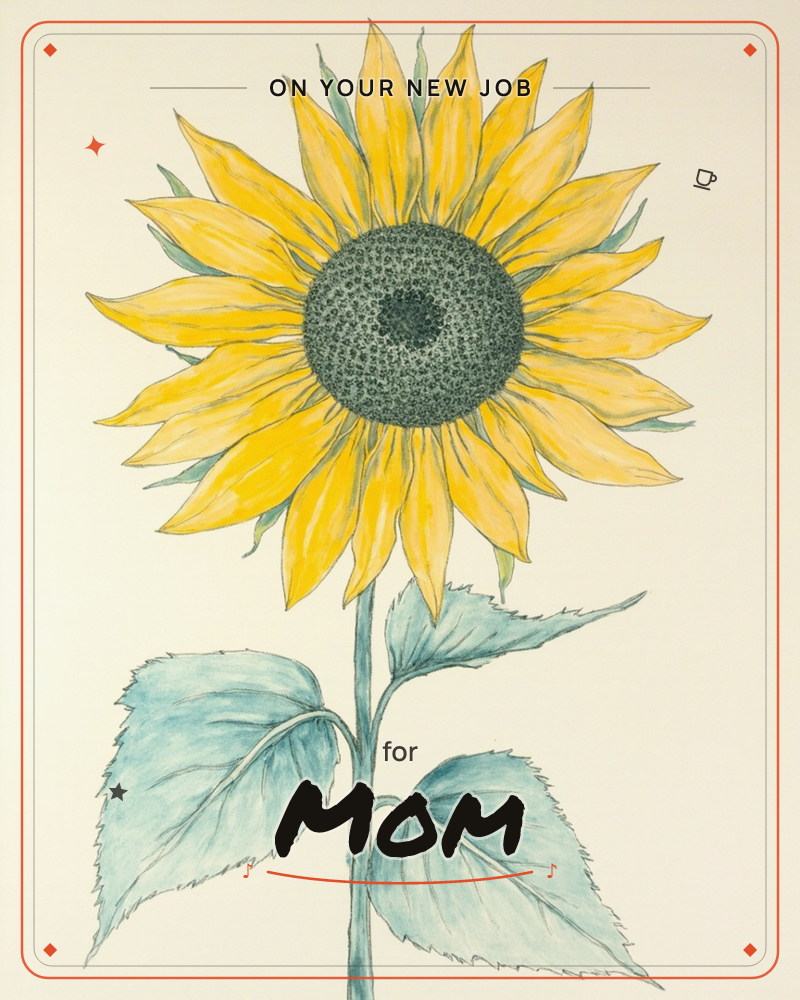 A single sunflower fills the page, its wide yellow petals radiating around a dark speckled centre, a new job e-card design