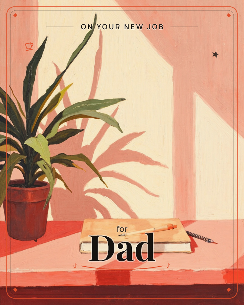 A potted dracaena plant sits on a tabletop beside a closed notebook and two pencils, its long leaves casting sharp, sprawling shadows across a warm…, a new job e-card design