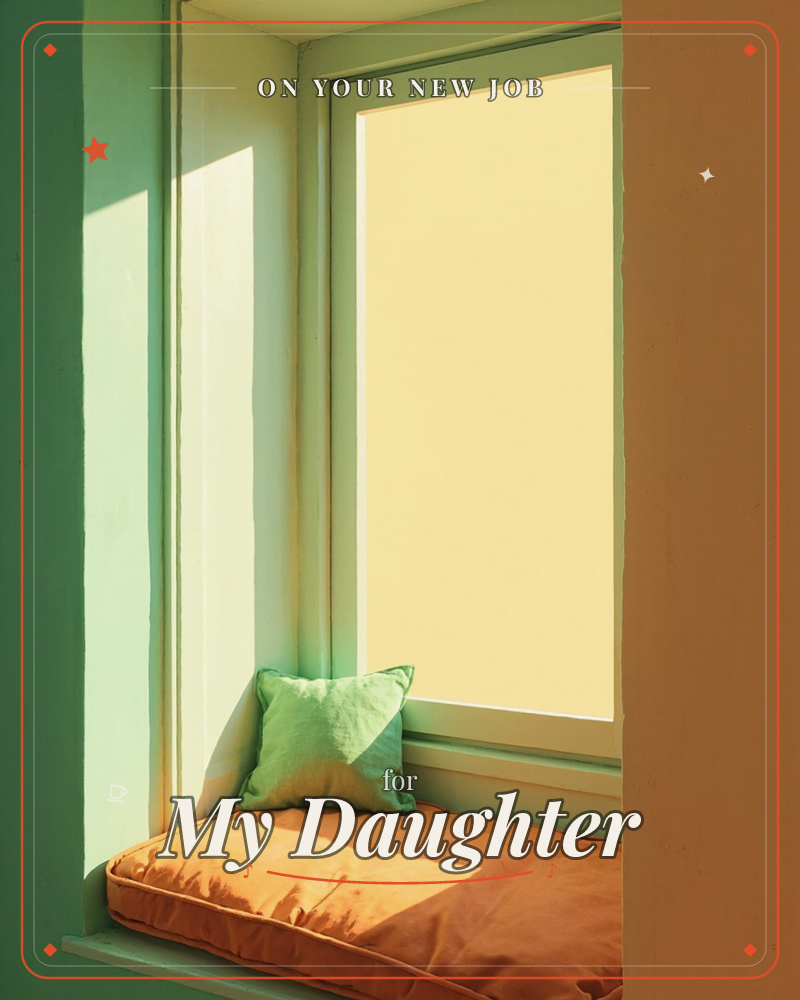 A quiet window nook glows with warm yellow light pouring through the glass, catching a rust-orange cushion and a soft green pillow tucked into the corner, a new job e-card design