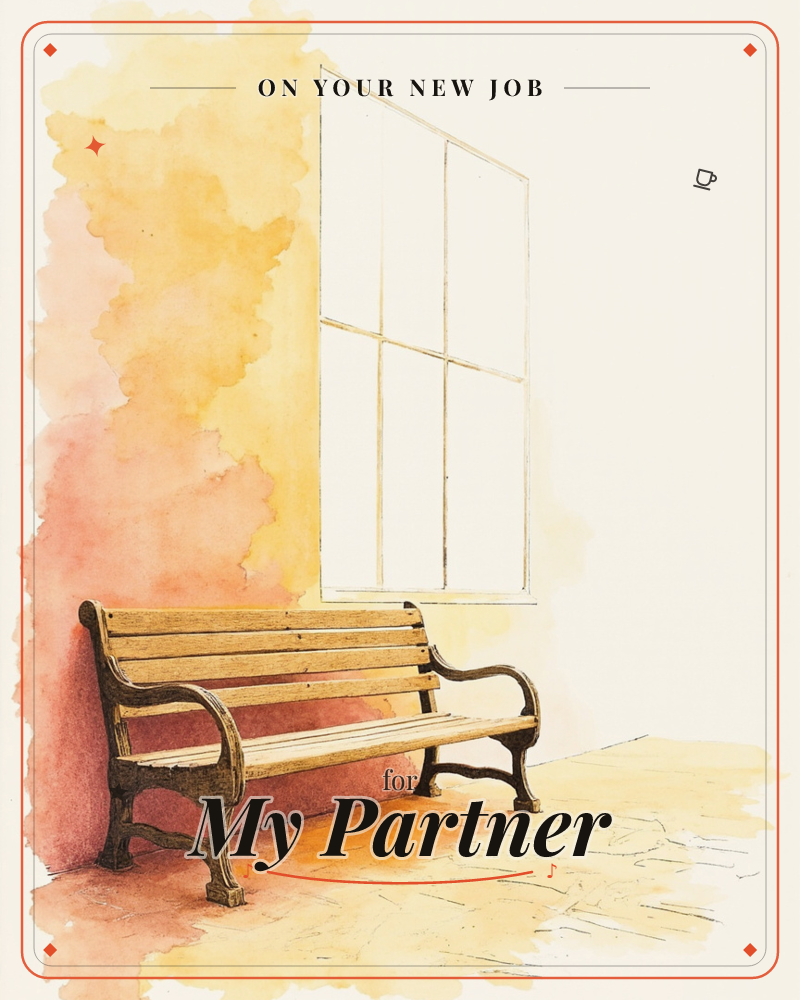 An empty wooden bench with wrought-iron legs sits against a warm ochre and terracotta wall beneath a tall paned window, a new job e-card design
