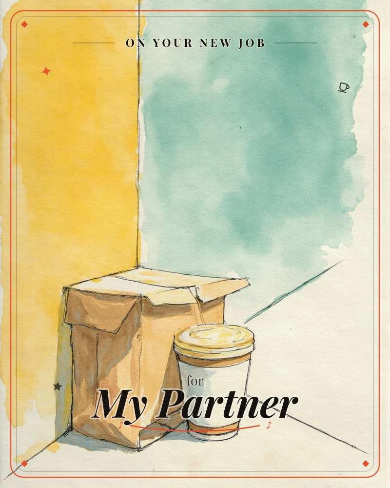 A loose watercolour sketch shows a crumpled paper takeaway bag and a lidded coffee cup sitting side by side on a corner of floor, set against a wall…, a new job e-card design