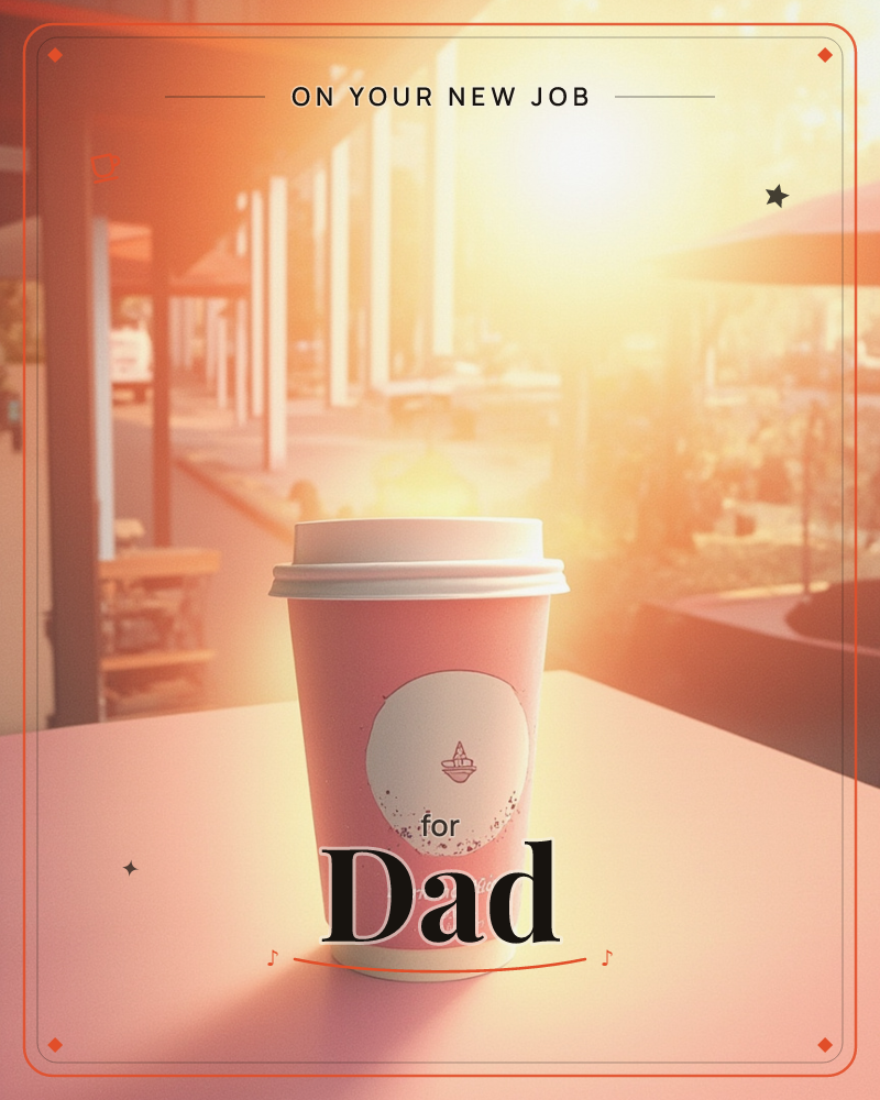 A takeaway coffee cup with a white lid sits on a pale outdoor table, glowing pink-red under a flare of warm sunlight, a new job e-card design