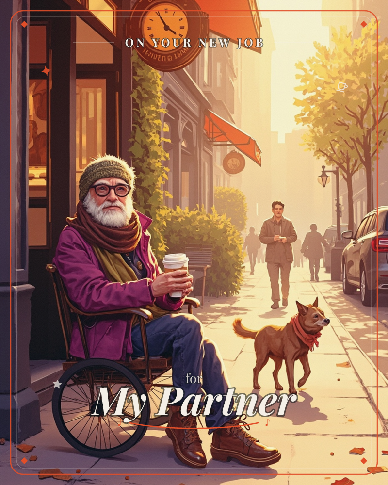 An older man in a magenta coat and knit beanie sits in a wheelchair outside a café storefront, holding a takeaway coffee cup while a dog on a red…, a new job e-card design