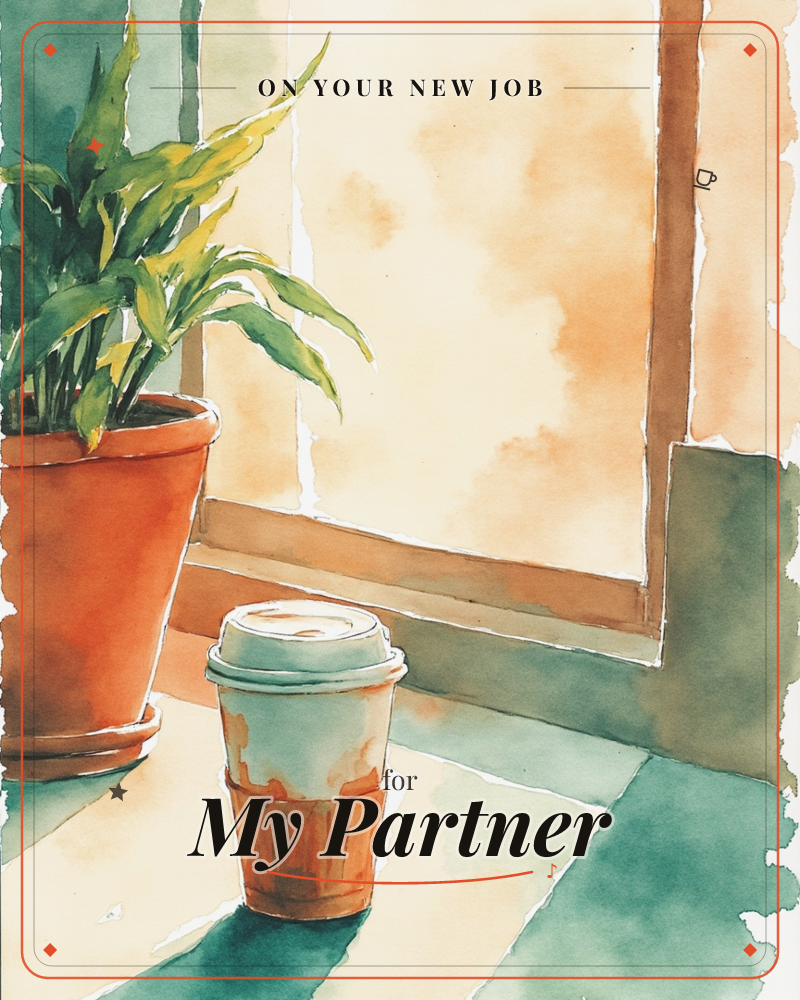 A terracotta pot with a leafy green plant sits beside a takeaway coffee cup on a windowsill, warm amber light glowing through the glass panes behind them, a new job e-card design