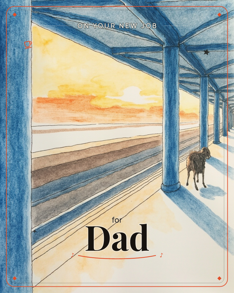 A row of blue pillars stretches into the distance beneath a covered walkway, casting long shadows across pale ground as a lone goat stands quietly…, a new job e-card design