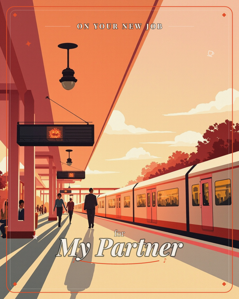 A train station platform glows under a warm sunset, with pink pillars and hanging lamps stretching into the distance, a new job e-card design