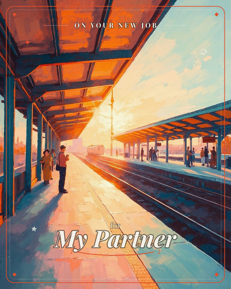 A train station platform glows under a low, blazing sunset that floods the tracks with golden light, a new job e-card design