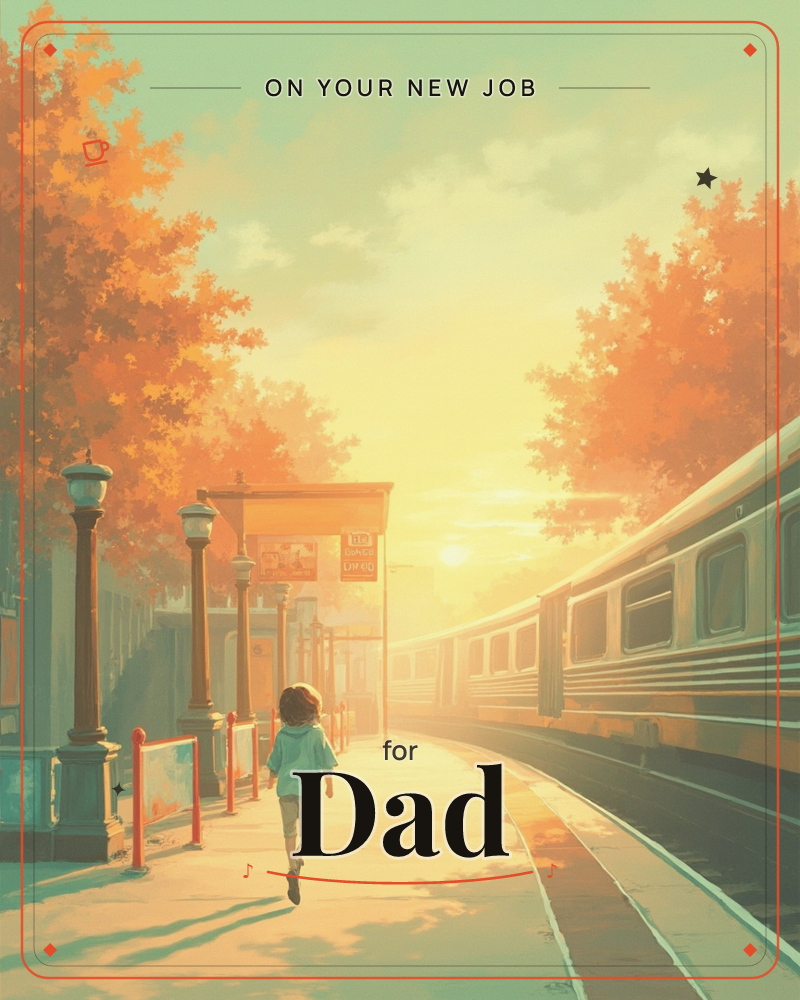 A train station platform glows in autumn sunlight, with orange-leaved trees framing a hazy golden sky, a new job e-card design