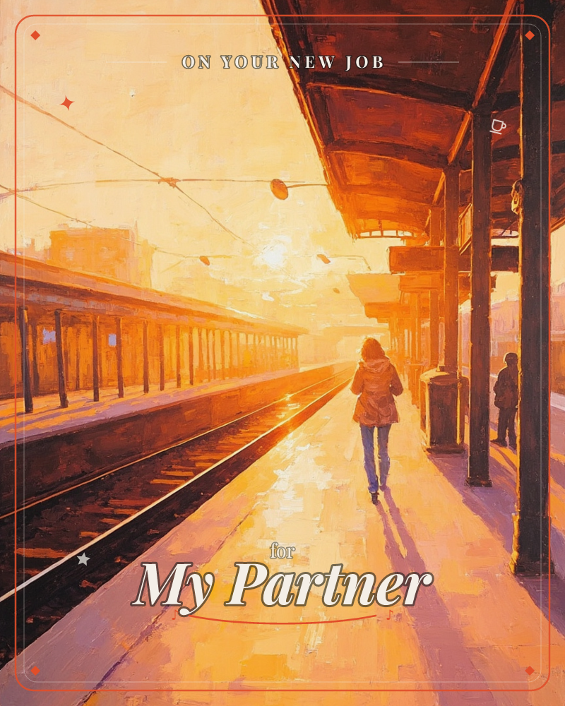 A train platform glows amber under a low morning sun, its canopy and iron pillars silhouetted against the light, a new job e-card design