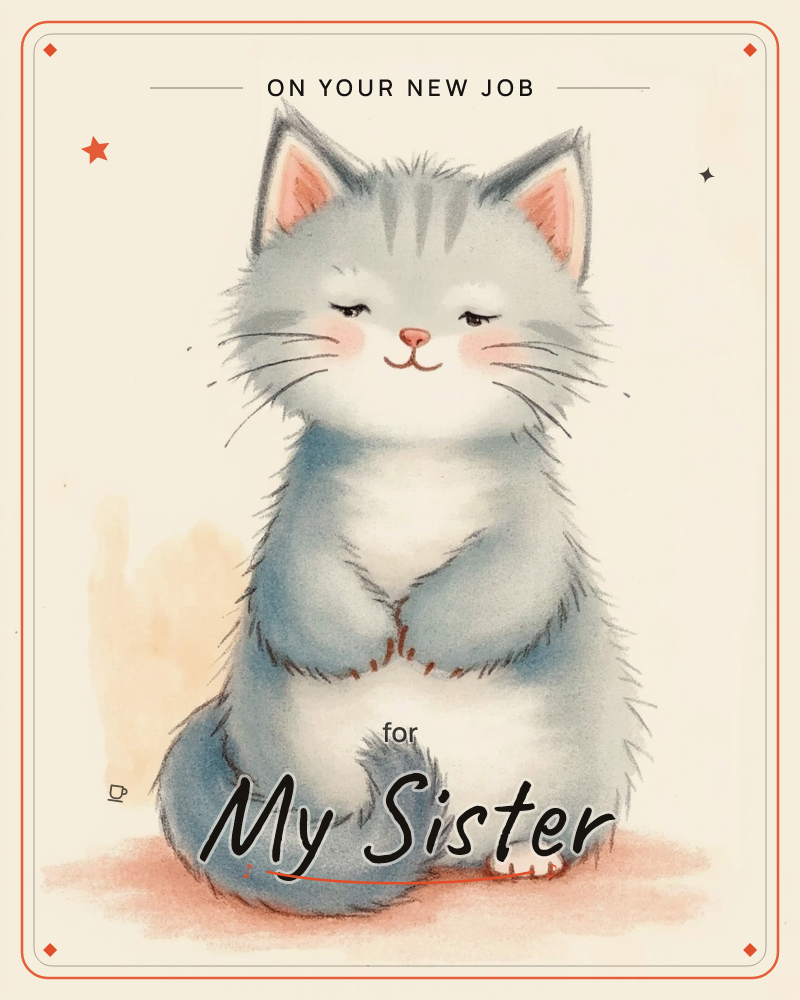 A round, fluffy grey-and-white cat sits primly with paws tucked together, eyes closed in a contented smile and cheeks flushed pink, a new job e-card design