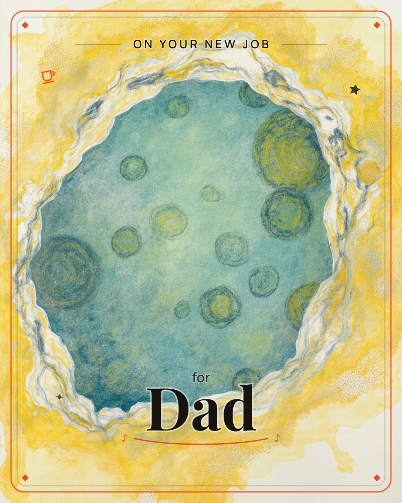 An abstract painting shows a jagged, torn-edged circle opening onto a teal-green pool dotted with rings of varying sizes, like bubbles or cells…, a new job e-card design