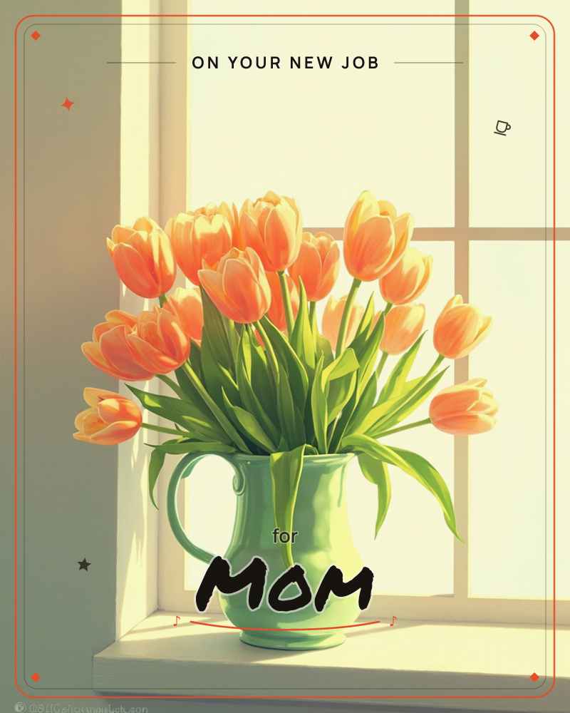 A green ceramic pitcher overflows with orange tulips, set on a sunlit windowsill with a paned window glowing behind it, a new job e-card design