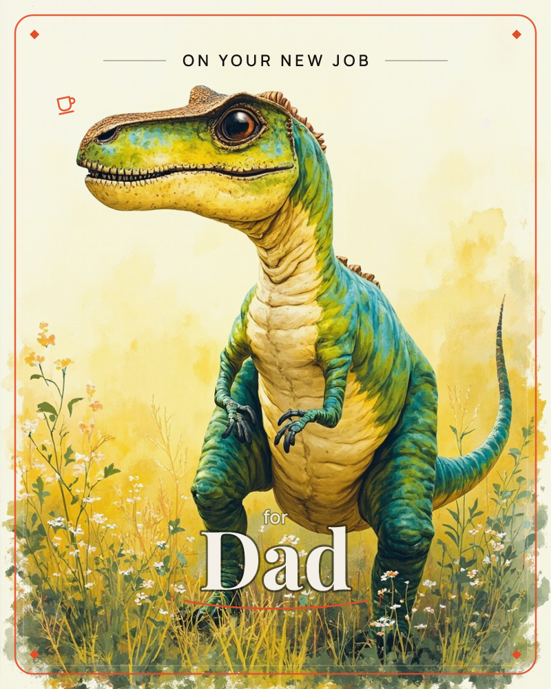 A young dinosaur with mottled green and teal scales stands upright in a sunlit meadow of tall grasses and small white and orange wildflowers, a new job e-card design