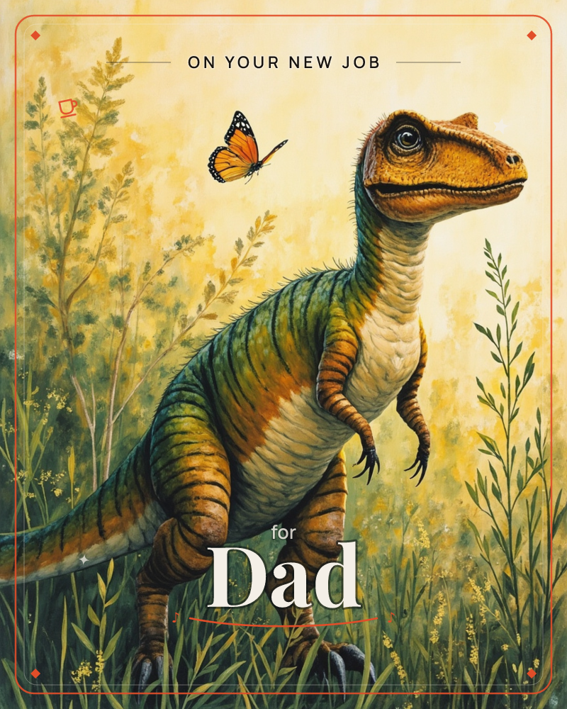 A young feathered dinosaur stands in tall golden grass, watching a small orange butterfly hover just beside its face, a new job e-card design