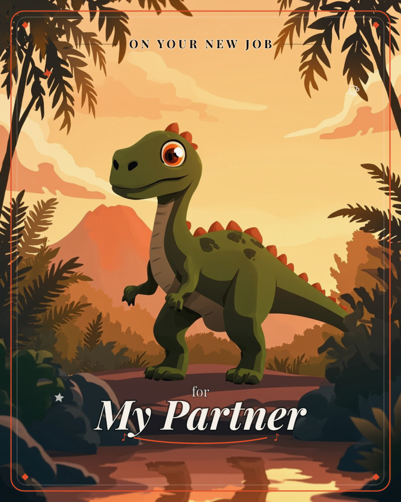 A friendly green dinosaur with an orange-spiked back stands on a rocky ledge, framed by silhouetted palm fronds against a glowing sunset sky, a new job e-card design