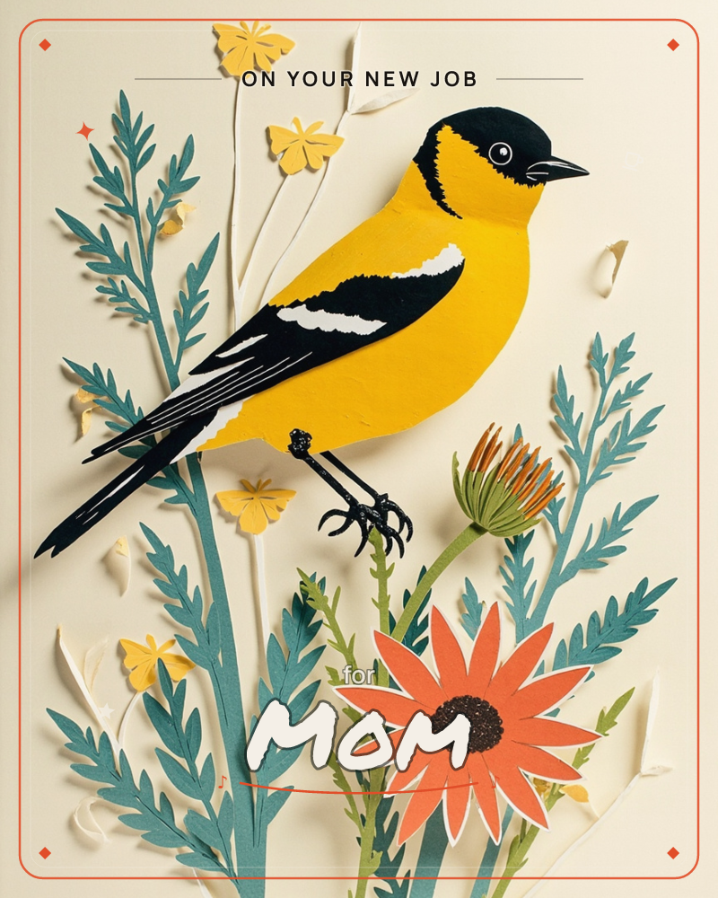 A paper-cut songbird with a black-hooded head and bright yellow body perches among layered paper foliage, its clawed feet gripping a slender stem, a new job e-card design