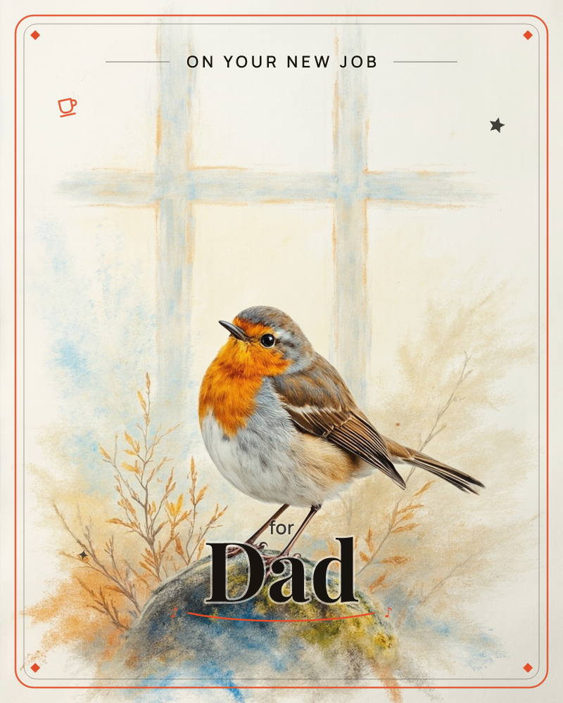 A robin with a bright orange breast perches on a moss-covered stone, sketched against a faint windowpane grid and soft sprays of dried grasses, a new job e-card design