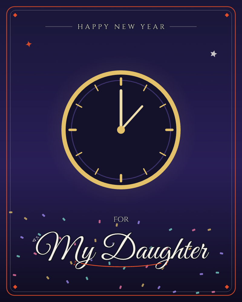 A gold clock face reading a few minutes to midnight, with confetti scattered across the dark below it, a new year e-card design