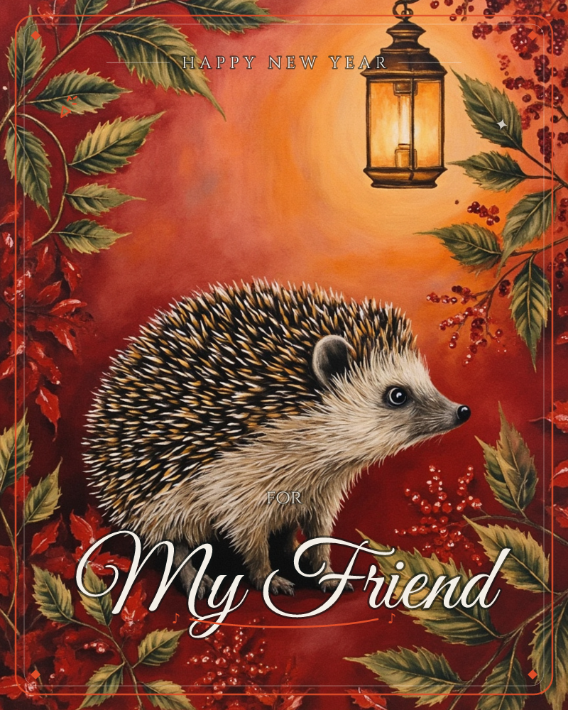 A hedgehog stands centre stage against a deep russet background, surrounded by autumn leaves and clusters of red berries, a new year e-card design