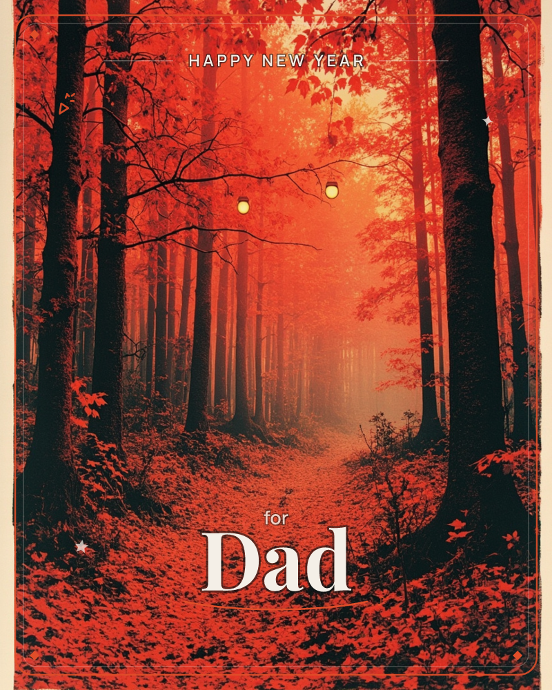 A forest path glows entirely in shades of red and orange, tree trunks standing black against a haze of crimson leaves overhead, a new year e-card design