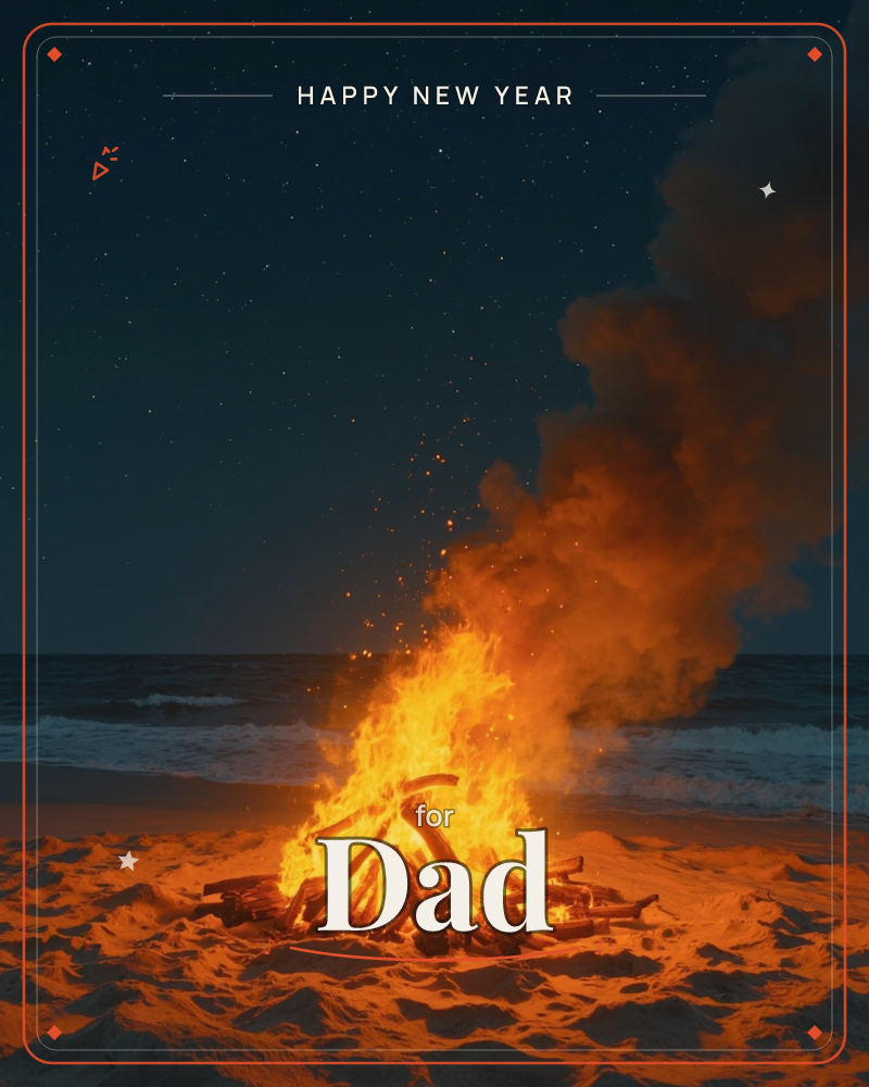 A bonfire blazes on a dark beach at night, its orange flames and sparks rising into a plume of glowing smoke against a deep starry sky, a new year e-card design
