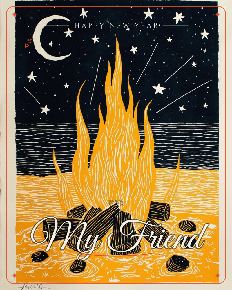 A tall bonfire blazes on a beach, its flame-tongues carved in bold orange against a deep navy night sky full of stars, shooting streaks, and a crescent…, a new year e-card design