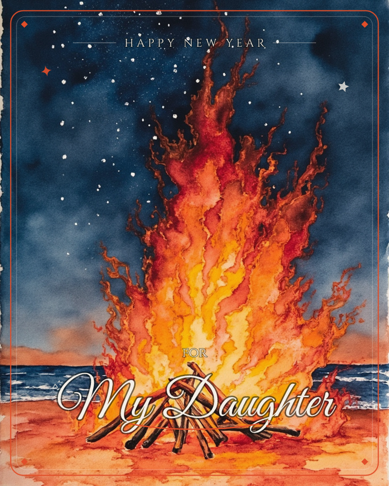 A tall bonfire blazes on a beach at night, its flames leaping in ribbons of red, orange and gold against a deep navy sky scattered with stars, a new year e-card design