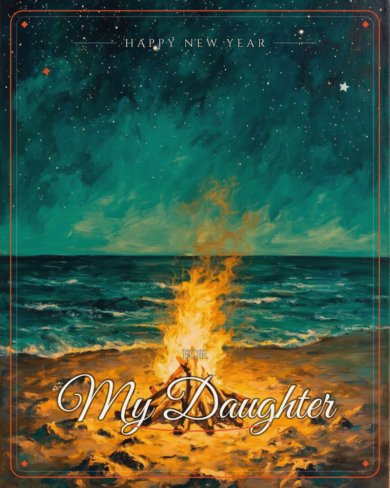 A driftwood bonfire blazes on a sandy shore, its golden flames lighting the beach against a deep teal sea and a star-scattered night sky, a new year e-card design