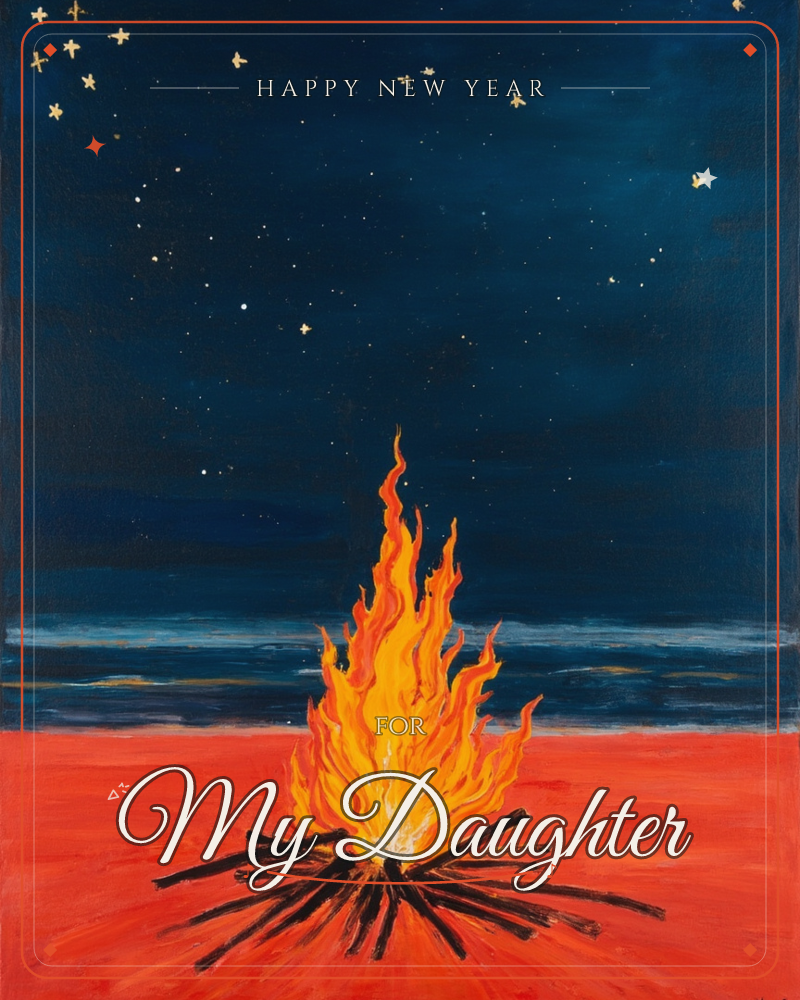 A bonfire blazes on a stretch of red-orange sand beneath a deep navy night sky, its crossed logs glowing at the base while flames leap upward in bright…, a new year e-card design