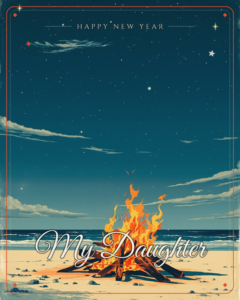 A driftwood bonfire blazes on an empty beach beneath a vast starry night sky, its orange flames the only warm note against deep teal water and sand, a new year e-card design