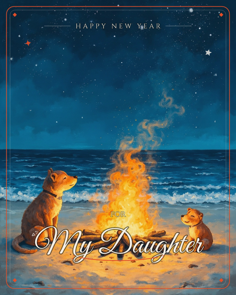 Two dogs sit on either side of a crackling bonfire on a night beach, its orange glow lighting the sand while dark waves roll in behind them, a new year e-card design