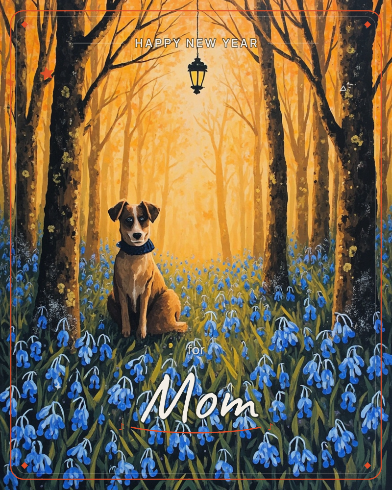 A brown and white dog sits amid a carpet of blue bell-shaped flowers in a golden, glowing forest, framed by dark bare tree trunks and a single hanging…, a new year e-card design