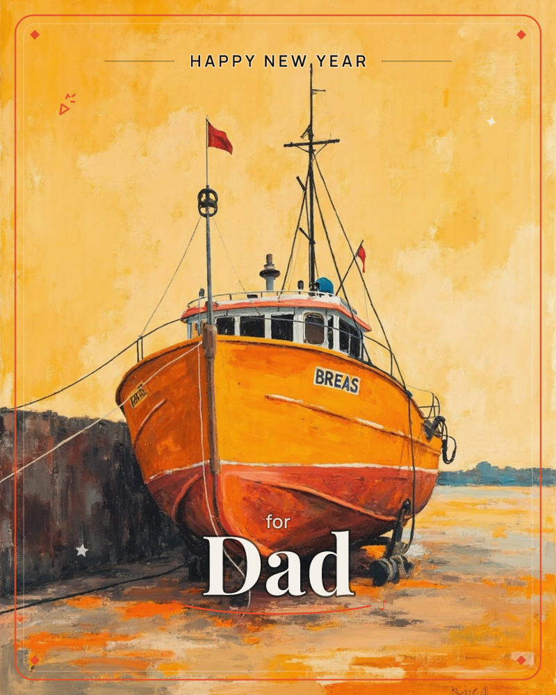 A weathered orange fishing boat named BREAS sits moored against a stone harbour wall, its mast and rigging strung with small red flags, a new year e-card design